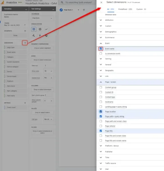 Screenshot adding dimensions to an explorations