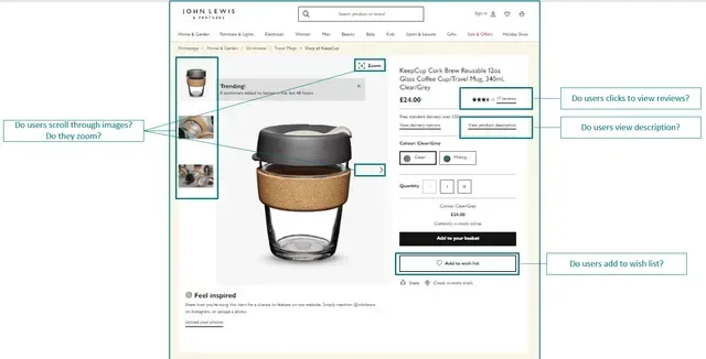 Screenshot of an annotated John Lewis Coffee Cup product page